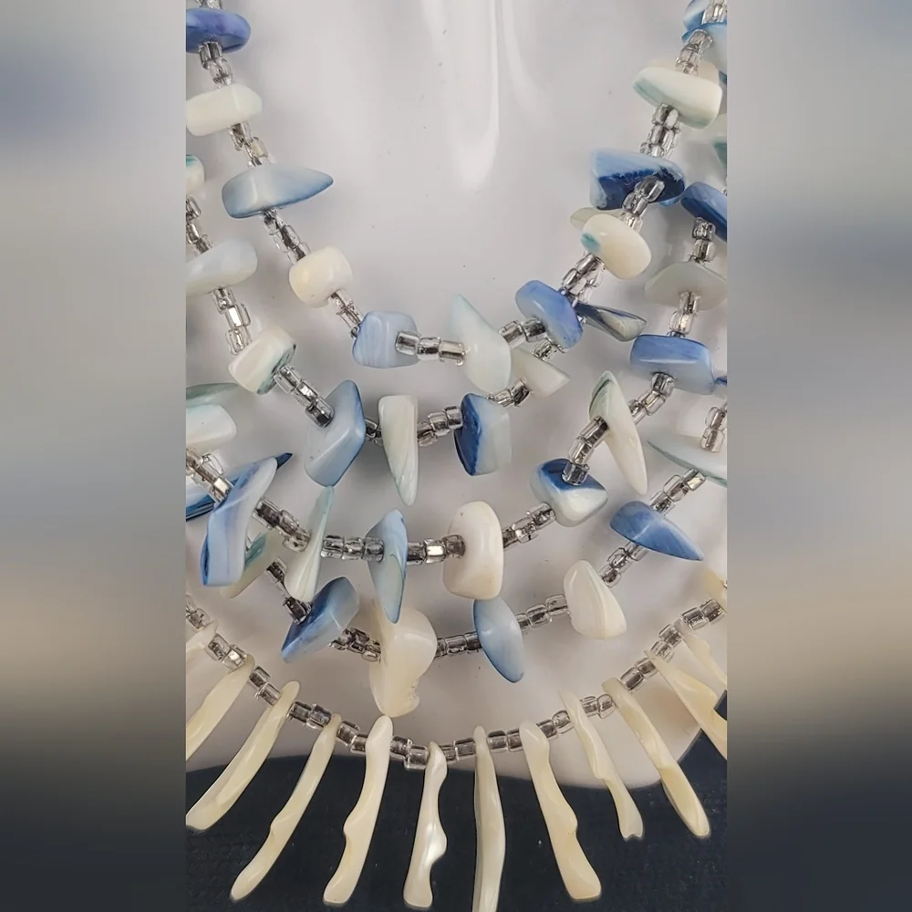 Vintage Japan Sea Shell Glass Bead Multi-Strand Bib Necklace Blue White - Picture 4 of 12